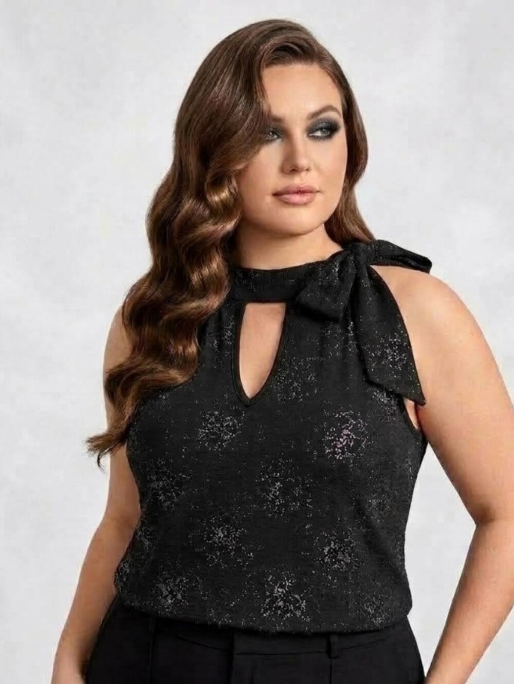 MXM Black Glitter Keyhole Tie-Neck Sleeveless Top - Size 3X